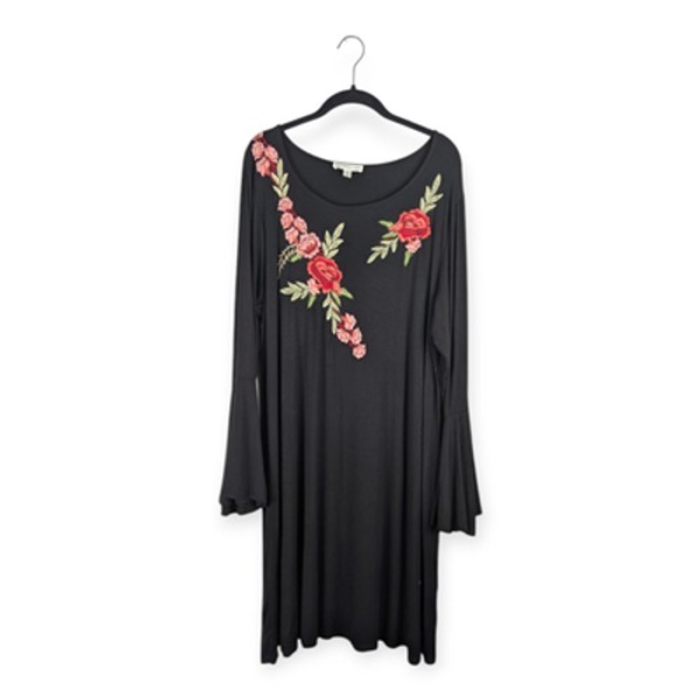Spense Black Floral Embroidered Jersey Knit Dress Sz 1X Bell Sleeve Fairy Grunge